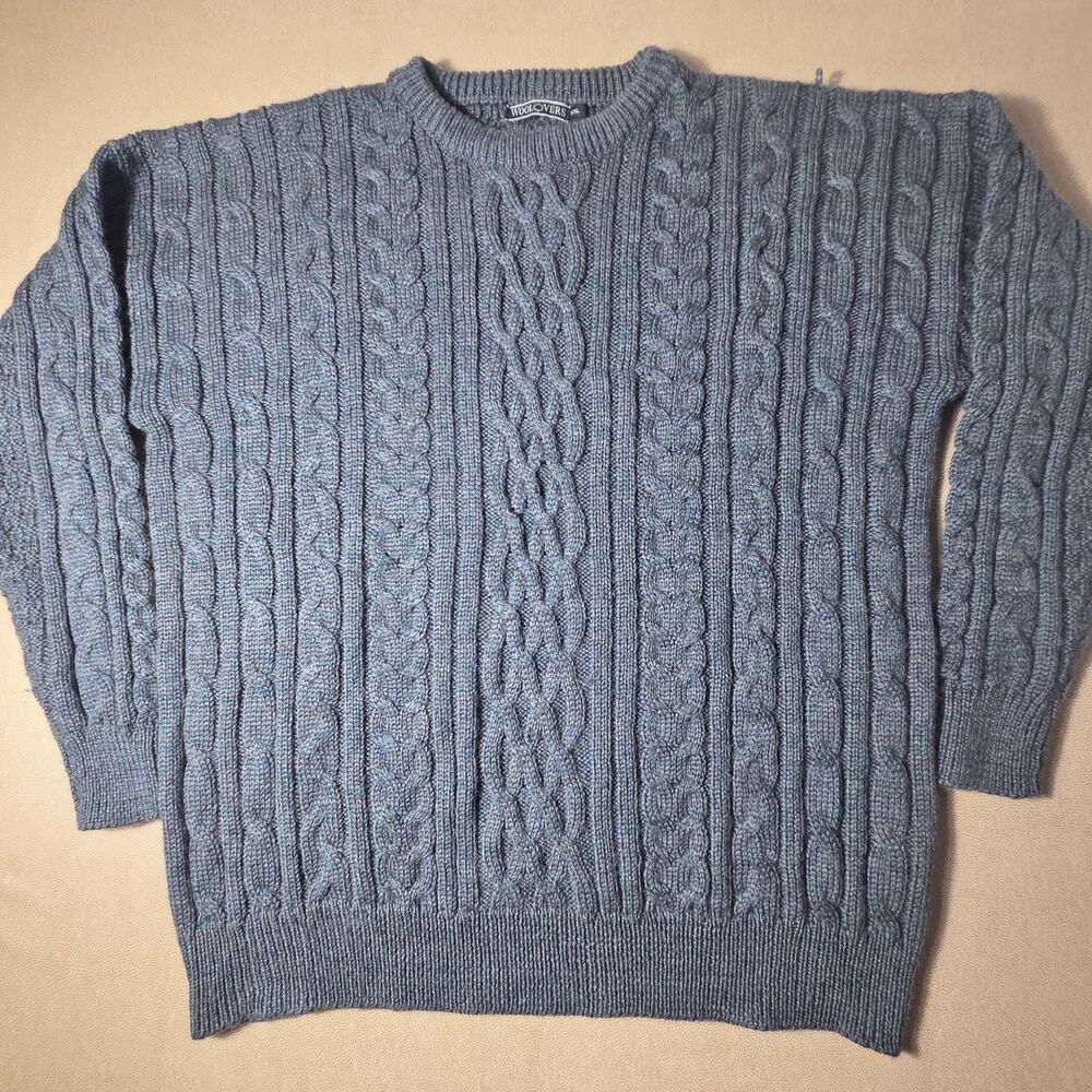 WoolOvers Men XXL Blue 100% British Wool Chunky Cable Knit Crewneck Sweater